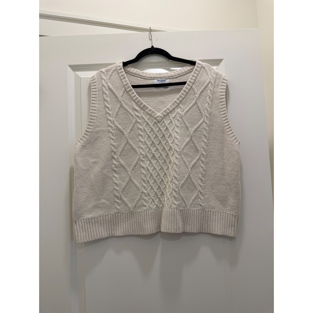 Old Navy SoSoft Cable Knit Sweater Vest Cream V-Neck Sleeveless XL Preppy